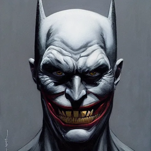 Prompt: Portrait of Batman Joker chimera, dc comics, dark, artstation, painted by Zdislav Beksinski