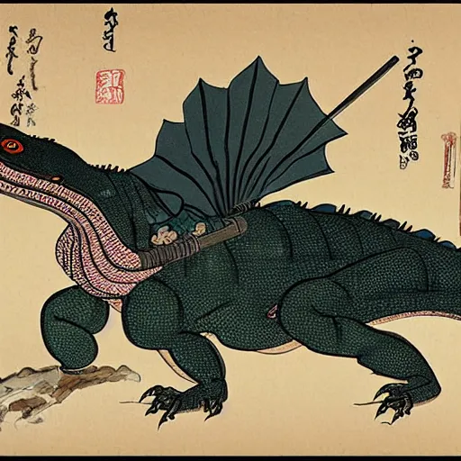 Image similar to a painting of a komodo dragon wearing samurai garb and a ronin straw hat in an ukiyo e style