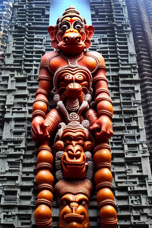 Image similar to high quality 3 d futuristic biomrphic hanuman! head building in mumbai!! centre, kalighat, highly detailed, cinematic smooth, berenice abbott & john j. park, dramatic morning light, long shot, low angle, uhd 8 k, sharp focus