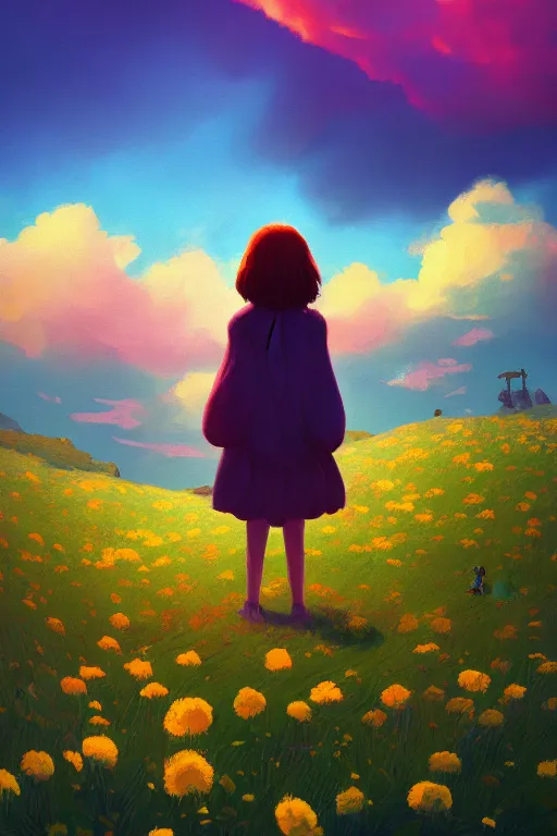 Image similar to closeup, giant flower head, girl standing on cliff, surreal photography, sunrise, blue sky, dramatic light, impressionist painting, digital painting, artstation, simon stalenhag