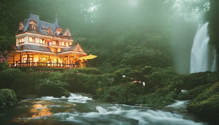 Image similar to a Sophia Coppola 35mm film still of a very surreal magical European castle style cabin with a bookstore cafe in a lush waterfall garden, falling cherry blossoms pedals, in the style of Gucci and Wes Anderson glowing lights and floating lanterns, foggy atmosphere, rainy, moody, muted colors, magic details, very detailed, 8k, cinematic look