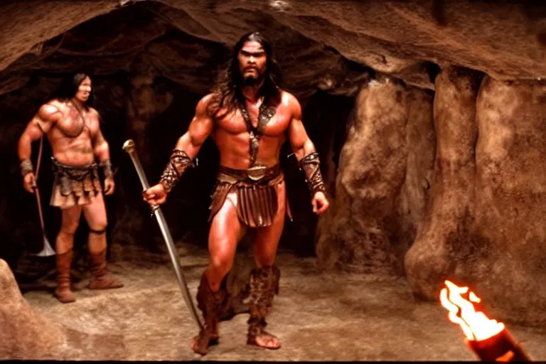 Image similar to film still from conan the barbarian, jason momoa as conan holding a torch in the catacombs of evil, fantasy armor, volumetric lighting, mist, wet skin and windblown hair, muscular!!!, masculine pose, ridley scott