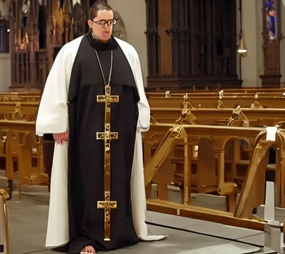 Image similar to a movie still of kim kardashian handcuffed with a chain around her neck, bonded to a steel chair on the alter of a church. priest yelling shame at her