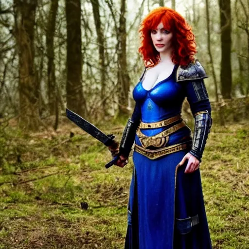 Image similar to full body photo of christina hendricks as a female warrior with lapis lazuli armour