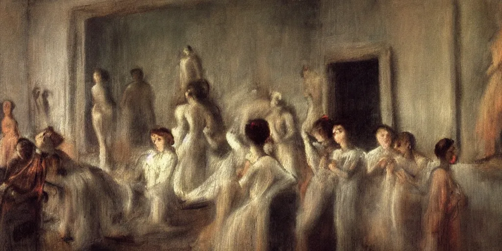 Image similar to an audience full of tall terrifying aliens in robes. They are watching a human ballet. in the victorian era. in the style of an impressionist painting. in the style of edgar degas.