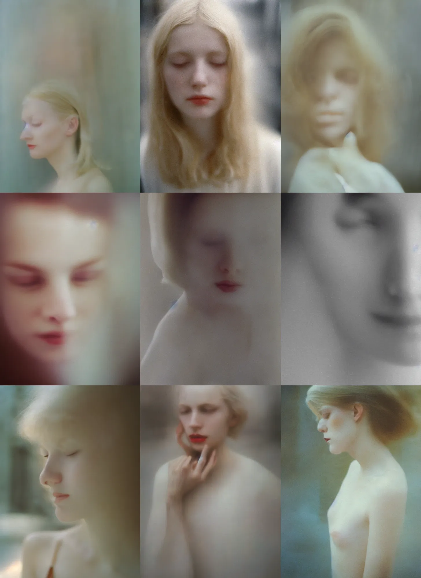 Prompt: out of focus photorealistic portrait of a beautiful aesthetic blonde pale woman by saul leiter, very blurry, translucent white skin, closed eyes, foggy