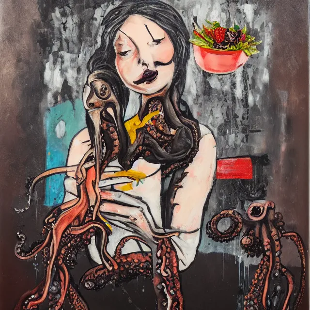 Image similar to a portrait in a dark cafe, a woman holding an octopus, streetlamps, wet, puddles, wild berries, rats, ikebana, neo - expressionism, surrealism, acrylic and spray paint and oilstick on canvas