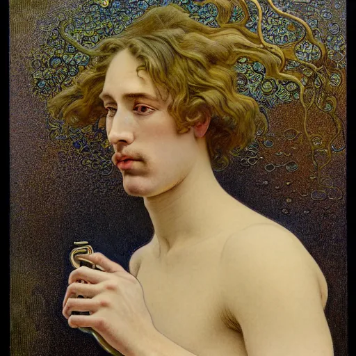 Image similar to realistic extremely detailed portrait painting of. an average. man with his. briefcase .in his. left hand . by Jean Delville, Amano, Yves Tanguy, Alphonse Mucha, Ernst Haeckel, Edward Robert Hughes, Roger Dean, pale muted pastel moody colors, gold eyes