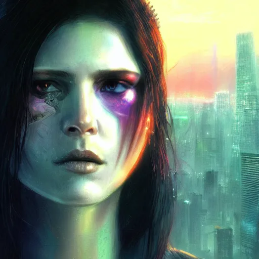 Image similar to neuromancer, closeup portrait of a young beautiful cyberpunk woman, eye implants, sunset, cyberpunk city background, megacity, gorgeous view, depth, painted by seb mckinnon, high detail, digital art, painted by greg rutkowski, trending on artstation