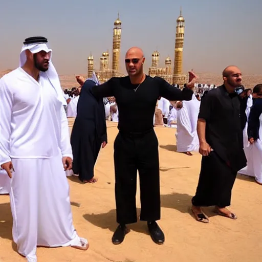 Prompt: Dwane Johnson and Vin Disel doing hajj in Mecca