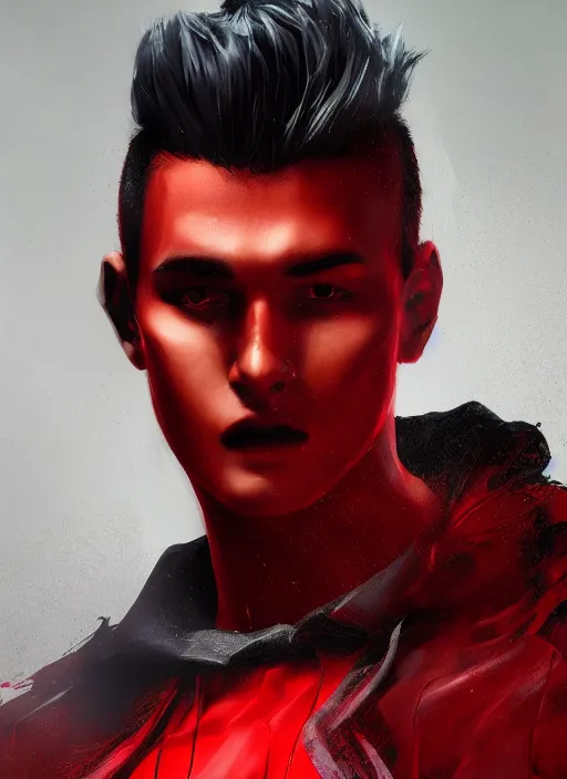 Prompt: An epic fantasy comic book style portrait painting of a young man with black and red undercut haircut, wearing a red shirt, black overcoat, blue jeans. Unreal 5, DAZ, hyperrealistic, octane render, cosplay, RPG portrait, dynamic lighting