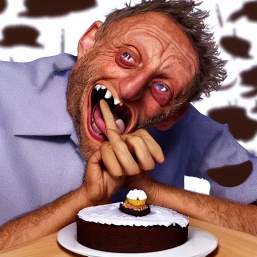 Image similar to michael rosen unhinging his jaw to eat five hundred chocolate cakes photorealistic