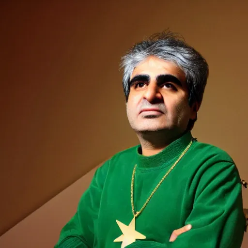 Prompt: jafar panahi, clean shaven, wearing a green tracksuit and gold necklace with large star shaped gold medallion