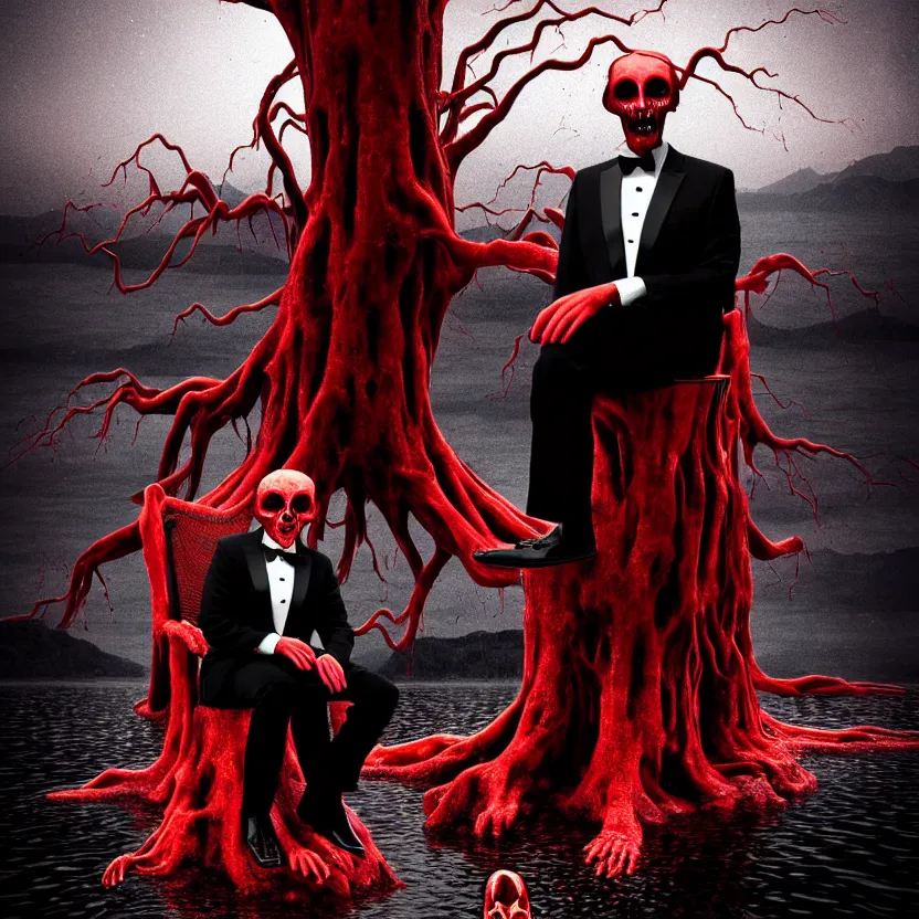 Prompt: a portrait of ( a man in a tuxedo with five heads, twelve arms, and sixteen legs ), sitting on ( chair made of human limbs ), ( the chair is floating in a lake of blood ), ( in the lake is a giant melting tree ), digital art, hyperrealistic nightmare scene, supernatural, highly detailed, creepy, terrifying