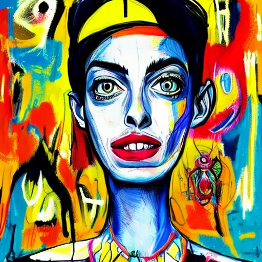 Prompt: a sketch, ultra detailed, colorful, mystical travel, magic, universe, beautiful woman, similar to anne hathaway, surreal, in style of jean - michel basquiat, trending on artstation