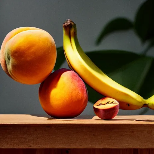 Prompt: a hybridisation of a banana and a peach