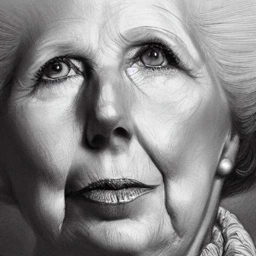 Image similar to beautiful lifelike award winning pencil illustration of margaret thatcher lay on a guillotine trending on art station artgerm greg rutkowski museum quality cinematic atmospheric