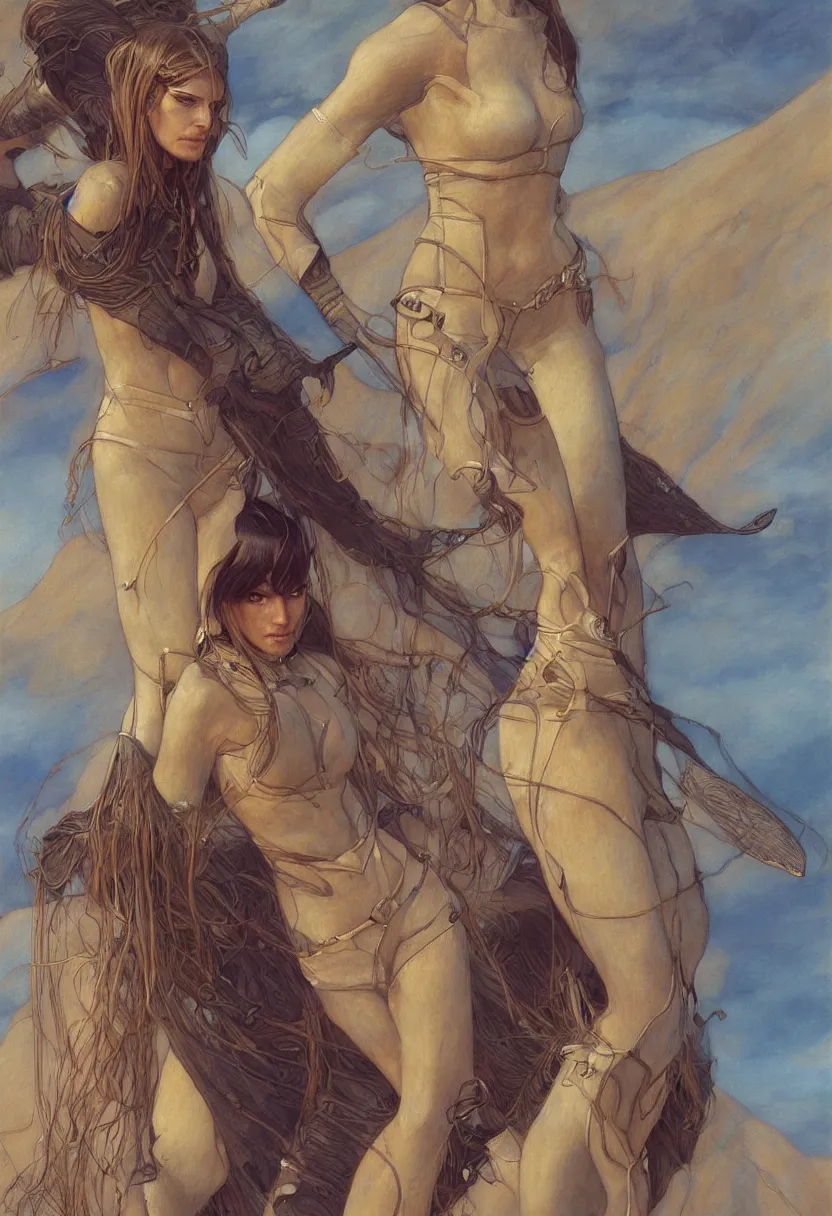 Image similar to a beautiful exotic female fremen on dune, by edgar maxence artgerm ross tran and michael whelan and gustav klimpt