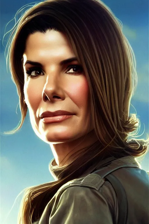 Image similar to sandra bullock in the movie independence day 1 9 9 6, realistic portrait, symmetrical, highly detailed, digital painting, artstation, concept art, smooth, sharp focus, illustration, cinematic lighting, art by artgerm and greg rutkowski and alphonse mucha