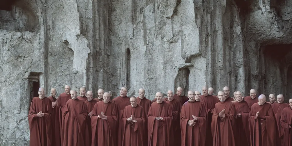 Prompt: humanoid alien robed benedictine monks sing in a boreal crumbling stone gothic brutalist monastery kodak portra ektachrome