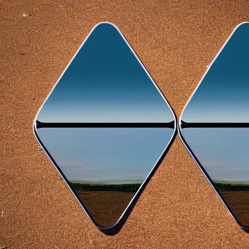 Prompt: realistic photo of flat triangle mirrors lying flat on the ground stretching to the horizon
