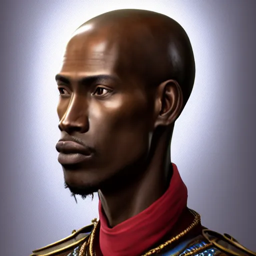 Prompt: A Crusader Kings II portrait of an African man with high cheekbones. Good bone structure. Dressed in 1940s style. Highly detailed, fine Art, high detail, great lighting, 8k resolution, masterpiece, concept art, illustration, clear eyes, painting oil on canvas, octane render, HDR, trending on artstation, 4k, 8k, HD