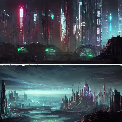 Image similar to concept art, high fantasy, cyberpunk, cityscape