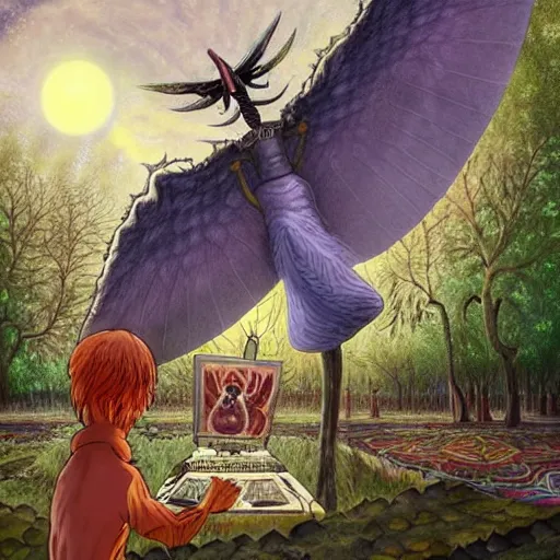 Image similar to A centered chest up portrait of a psychedelic godlike mothman with giant mandala wings smoking a hand-rolled cigarette smoking heavily , magic mushroom village in background , award winning. superb resolution. in the art style of junji Ito and greg rutkowski . Detailed Mushroom city in background. Hyper realistic anime. Perfect art. Dalle2