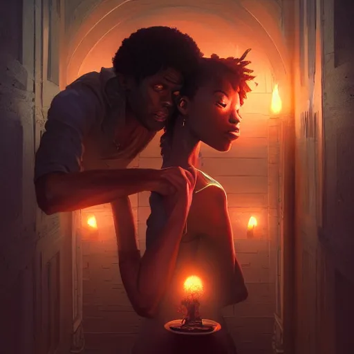 Image similar to symmetry!! highly detailed portrait of a black couple entering the void, stephen bliss, unreal engine, fantasy art by greg rutkowski, loish, rhads, ferdinand knab, makoto shinkai and lois van baarle, ilya kuvshinov, rossdraws, tom bagshaw, global illumination, radiant light, detailed and intricate environment