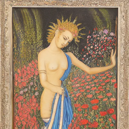 Prompt: detailed painting of a goddess walking through a medow, flowers bloom where she steps