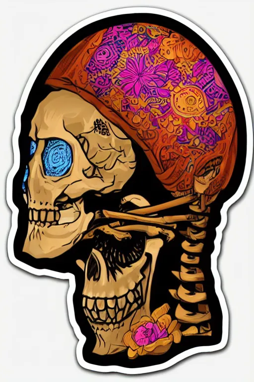 Image similar to A portrait of a skeleton who is a monk, sticker, portrait, highly detailed, colorful, illustration, smooth and clean vector curves, no jagged lines, vector art, smooth