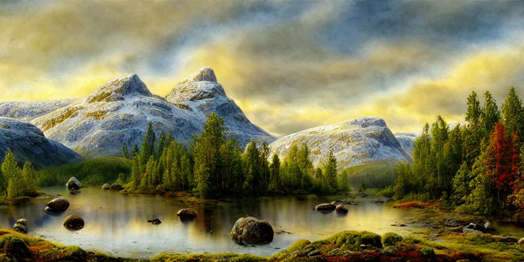 Prompt: an amazing norway landscapes glue and pva mountains, watercolor art, wool felting art, by ivan shishkin, 8 k resolution, colorful, digital art