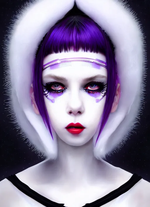 Image similar to whitebangs, black hair, black cyberlox, portrait of white teenage girl, normal face, white bangs, fluffy bangs, cyberlox, whitebangs, red contact lenses, purple lipstick, intricate, elegant, highly detailed, digital painting, artstation, concept art, sharp focus, smooth, illustration, art by wlop, mars ravelo and greg rutkowski