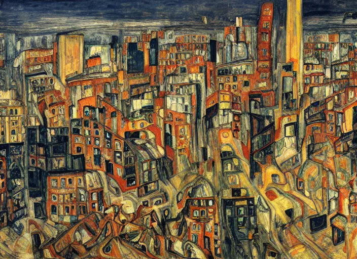 Prompt: a San-Francisco cityscape, houses, trees and hell in style of Chaim Soutine, Egon Schiele city drawings and Frank Auerbach and Bosch