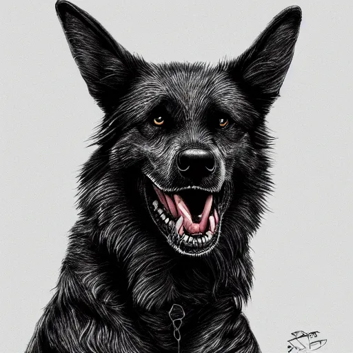 Image similar to venom dog version, ultra realistic, highly detailed, photorealism, scary, intricate detail, high res, textures, extremes, dark, twisted, black, wiry, superhero, antihero, powerful, teeth, licking tongue, dog, hair, german shepard trending on artstation