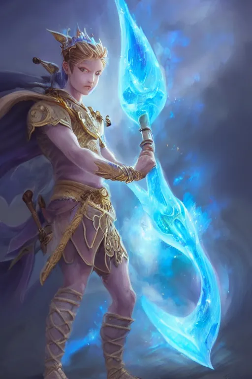 Image similar to legendary fairy prince hold flame staff, blue energy, highly detailed, d & d, fantasy, highly detailed, digital painting, trending on artstation, concept art, sharp focus, illustration, global illumination, ray tracing, realistic shaded, art by artgerm and greg rutkowski and fuji choko and viktoria gavrilenko and hoang lap