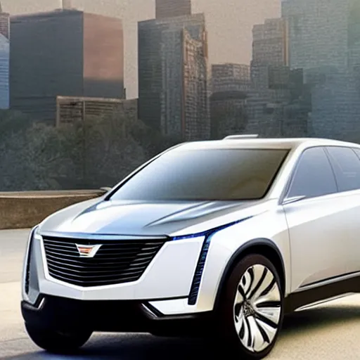 Image similar to “Cadillac autonomous SUV of the future, shiny new 2050 model, concept car, driving in a futuristic city.”