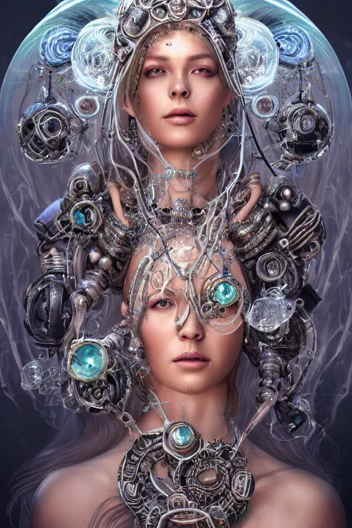 Prompt: a centered render of an alluring wild post apocalyptic cyborg goddess with wearing ornate silver and gemstones and crystal clothing surrounded by flowing liquid gallium jellyfish and sacred geometry, perfect body and face, gorgeous, cinematic, beautifully lit, by artgerm, by karol bak, by donato giancola, 3 d, trending on artstation, octane render, 8 k