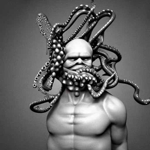 Image similar to 3 d render of a sculpture of a pirate full of tentacles, no colors, white and black, plastic, 4 k, 8 k, hd,