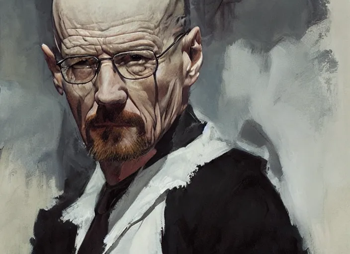 Image similar to a highly detailed beautiful portrait of walter white wearing a vampire costume, by gregory manchess, james gurney, james jean