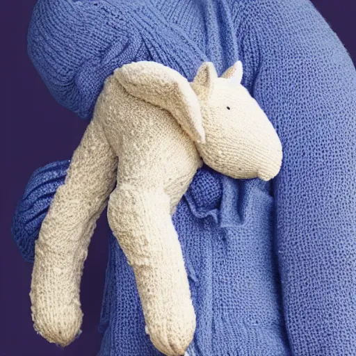 Prompt: a lamb with a blue knitted sweater hugging his mom, in the style of Leo Lionni