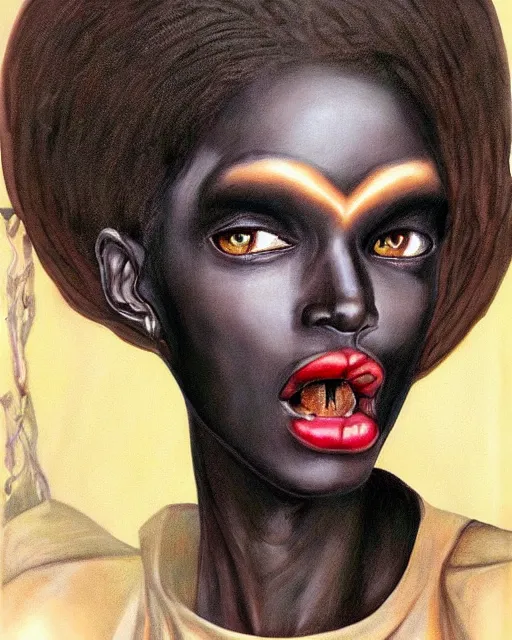 Image similar to ancient nilotic african androgynous vampire woman with demonic eyes, portrait, hyperrealistic