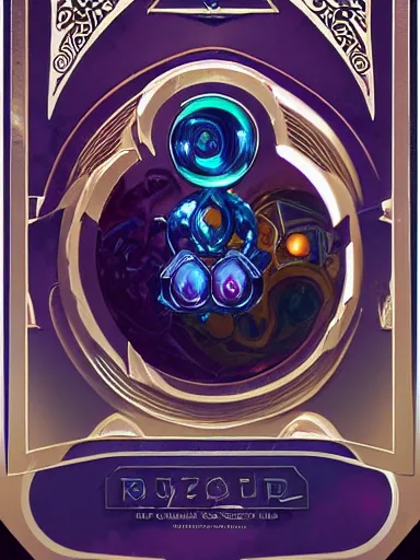 Prompt: Boardgame card back, sci-fi, horror, cyberpunk, ornamental edges, sharp, intricate, symmetrical, Lovecraftian, purple, gold, black and blue, tzeentch, by greg rutkowski and alphonse mucha, 8k, trending on artstation