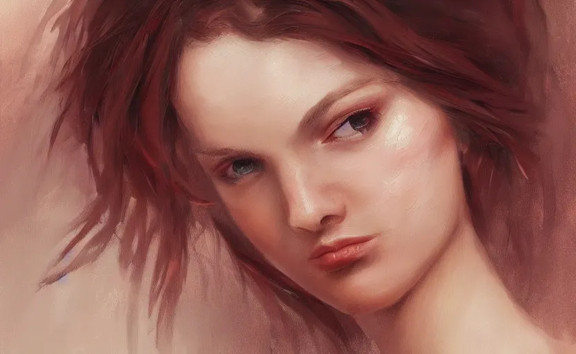 Image similar to a painting of virtualrose trending on artstation in the style of greg rutkowski, beautiful, young female, sensual, natural skin, brown hair, red rose in hair, natural sensuality