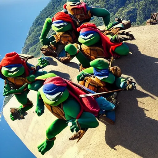 Prompt: teenage mutant ninja turtles on top of a mountain