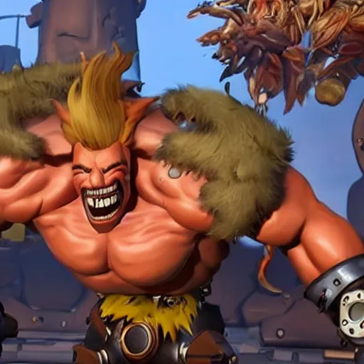 Image similar to a screenshot of junkrat arnold schwarzenegger as junkrat in overwatch