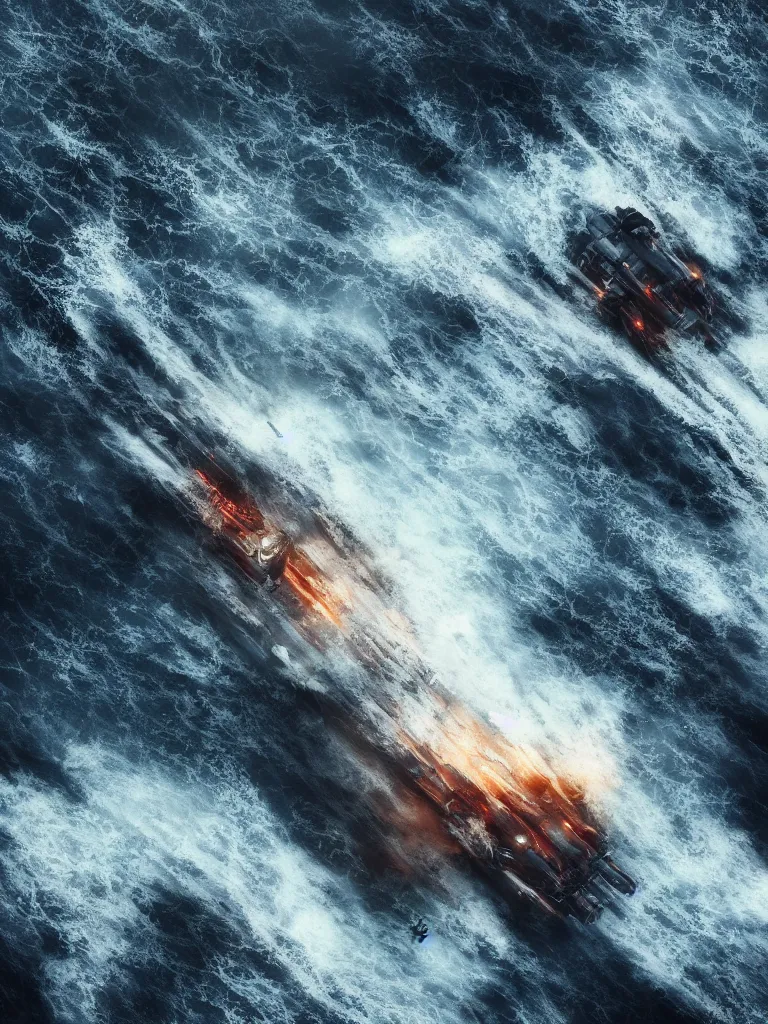 Prompt: breaking apart crashing damaged and on fire mecha battleship sailing alone on a stormy sea at sunset,large waves, explosions, battletech, octane render , aerial photo, cinematic