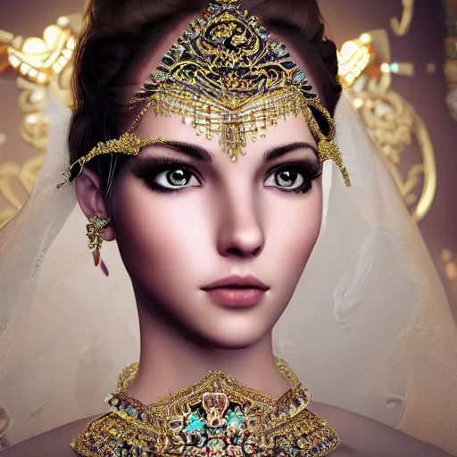 Image similar to portrait of pretty princess with perfect skin, glowing, ornate and intricate diamond jewelry, jaw dropping beauty, ornate and intricate backdrop, white accent lighting, hyper detailed, 4 k octane render