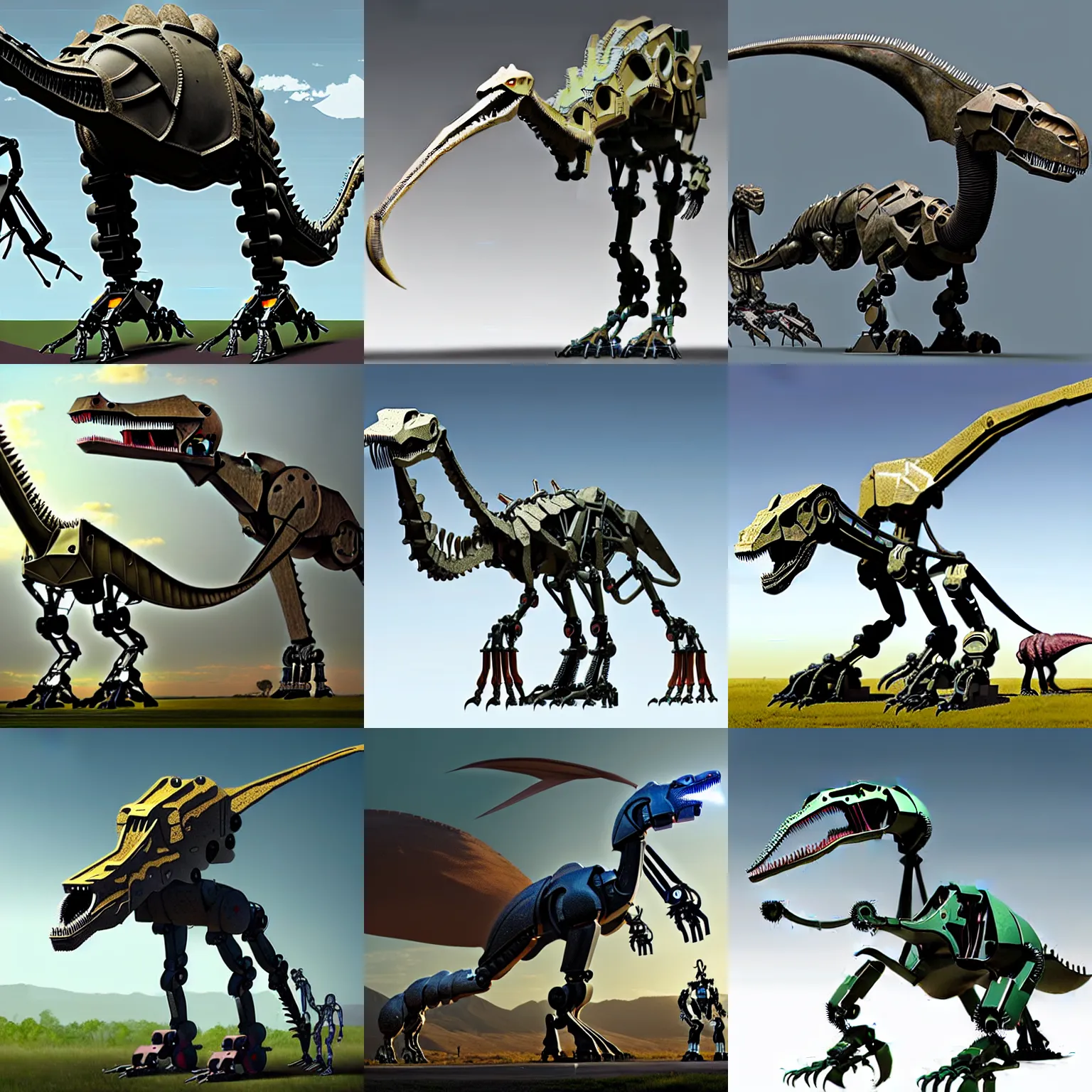 Prompt: mechanized giant meha robot made from real dinosaurs, legs made from diplodocus, arms made from tyrannosaurs, head made from pterodactyl, voltron, photorealism