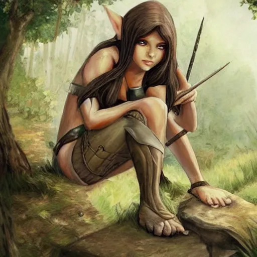 Prompt: a short, stocky female wood elf, resting after a battle, fantasy art